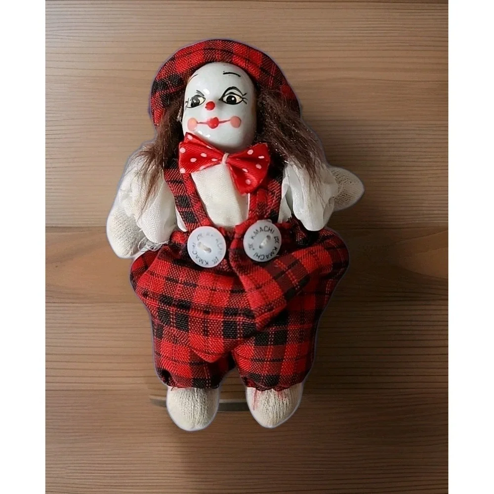 Vintage Porcelain Clown Doll KMACHI Sand Bag Body Tartan Hat & Overalls 5